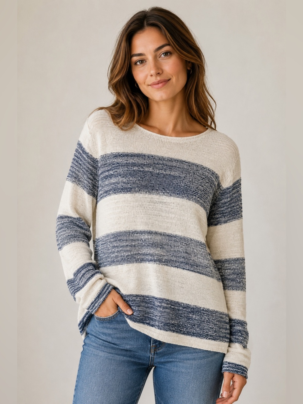 Calvin Klein Jeans Cream and Navy Striped Crewneck Sweater